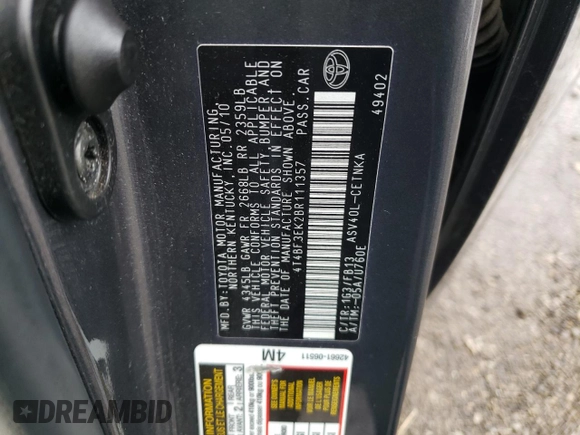 2011 Toyota Camry LE with VIN 4T4BF3EK2BR111357, listed as a Copart auction lot 55803505 with 199,443 mi miles and Clean Title. Bid and sale history available at DreamBid. Image 12.