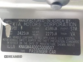 2012 Kia Optima Hybrid with VIN KNAGM4AD0C5009507, listed as a IAAI auction lot 41551835 with 92,878 mi miles. Bid and sale history available at carsss.com. Image 9.