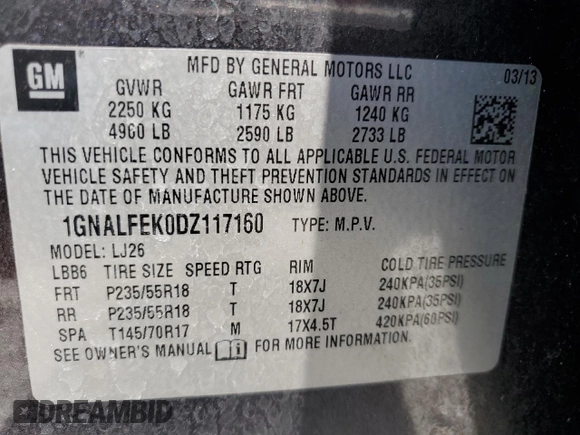 2013 Chevrolet Equinox LTZ with VIN 1GNALFEK0DZ117160, listed as a Copart auction lot 50607755 with 148,241 mi miles and Salvage Title. Bid and sale history available at carsss.com. Image 14.