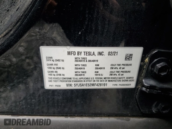 2021 Tesla Model S Long Range с VIN 5YJSA1E52MF428191, выставлен на аукционе Copart как лот 57472425 с пробегом Не указан миль и Списание • Salvage title. История ставок и продаж доступна на DreamBid. Изображение 12.