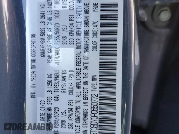 2023 Mazda CX-9 Carbon Edition with VIN JM3TCBDY0P0650772, listed as a Copart auction lot 48994315 with 14,758 mi miles and Salvage title. Bid and sale history available at DreamBid. Image 13.