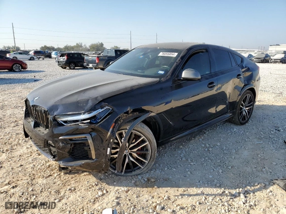 2021 BMW X6 M50i with VIN 5UXCY8C01M9H04808, listed as a Copart auction lot 76055854 with 29,357 mi miles and Salvage Title. Bid and sale history available at carsss.com. Image 1.