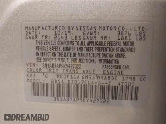 2019 Nissan Sentra SV with VIN 3N1AB7AP9KY427322, listed as a IAAI auction lot 41609080 with 125,408 mi miles and . Bid and sale history available at DreamBid. Image 9.
