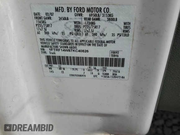 2007 Ford F-150 XL with VIN 1FTRF14W87KC40826, listed as a Copart auction lot 44606865 with 143,457 mi miles and Salvage title. Bid and sale history available at DreamBid. Image 14.