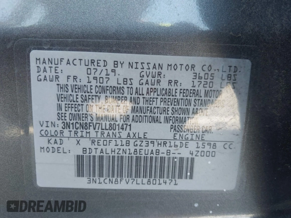 2020 Nissan Versa SR with VIN 3N1CN8FV7LL801471, listed as a IAAI auction lot 42494353 with 64,381 mi miles and . Bid and sale history available at DreamBid. Image 9.