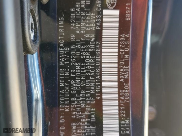 2020 Toyota Camry SE with VIN 4T1G11AK6LU906647, listed as a Copart auction lot 49970695 with 54,853 mi miles and Salvage Title. Bid and sale history available at carsss.com. Image 14.