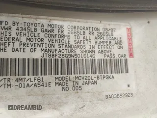 1998 Lexus ES 300 with VIN JT8BF28G9W5016146, listed as a IAAI auction lot 42672230 with 303,819 mi miles and . Bid and sale history available at DreamBid. Image 9.