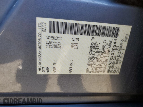 2012 Nissan Altima 2.5 with VIN 1N4AL2AP3CN530544, listed as a Copart auction lot 54362315 with 138,086 mi miles and Salvage Title. Bid and sale history available at DreamBid. Image 13.