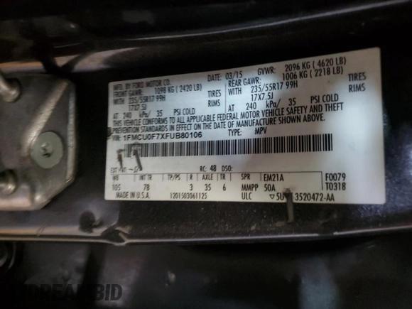 2015 Ford Escape S with VIN 1FMCU0F7XFUB80106, listed as a Copart auction lot 49828125 with 73,592 mi miles and Clean Title. Bid and sale history available at carsss.com. Image 13.