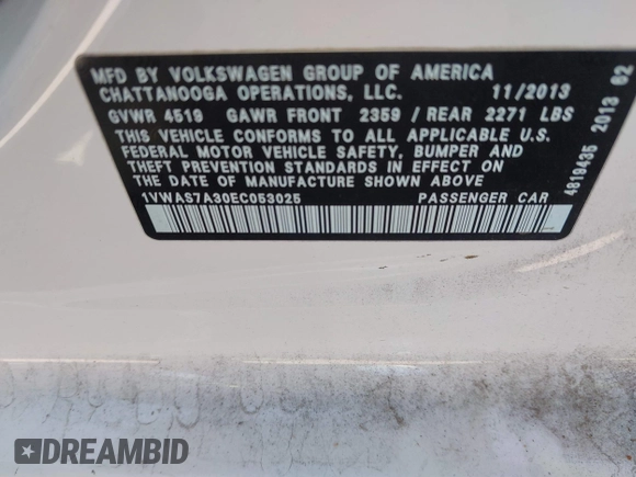 2014 Volkswagen Passat Wolfsburg Edition with VIN 1VWAS7A30EC053025, listed as a IAAI auction lot 42579059 with 168,446 mi miles and . Bid and sale history available at DreamBid. Image 9.