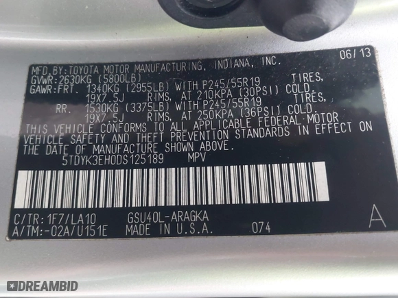 2013 Toyota Highlander Limited with VIN 5TDYK3EH0DS125189, listed as a IAAI auction lot 41077368 with 113,564 mi miles. Bid and sale history available at carsss.com. Image 9.