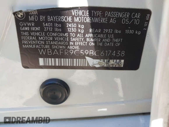 2011 BMW 5 Series 550i with VIN WBAFR9C59BC617438, listed as a IAAI auction lot 42619509 with 107,078 mi miles and . Bid and sale history available at DreamBid. Image 9.