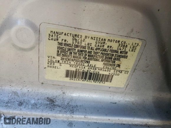 2012 Nissan Versa SV z VIN 3N1CN7APXCL927293, wystawiony jako Copart lot #55615575 z przebiegiem Nie podano mil oraz Szkoda całkowita • Salvage title. Historia ofert i sprzedaży dostępna na DreamBid. Obrazek 13.