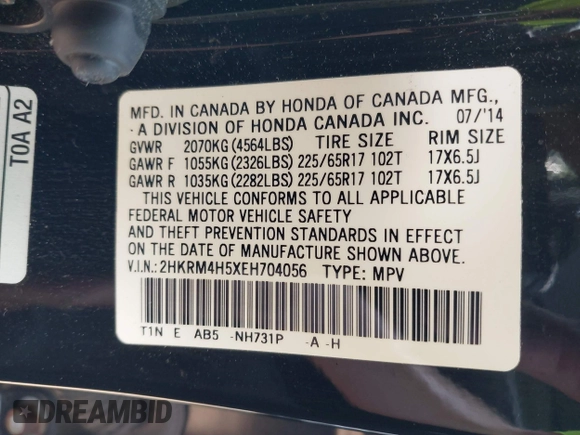 2014 Honda CR-V EX with VIN 2HKRM4H5XEH704056, listed as a IAAI auction lot 42119281 with 38,082 mi miles and . Bid and sale history available at carsss.com. Image 9.