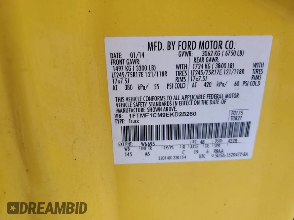 2014 Ford F-150 XL with VIN 1FTMF1CM9EKD28260, listed as a Copart auction lot 53621295 with 130,376 mi miles and Salvage Title. Bid and sale history available at carsss.com. Image 12.