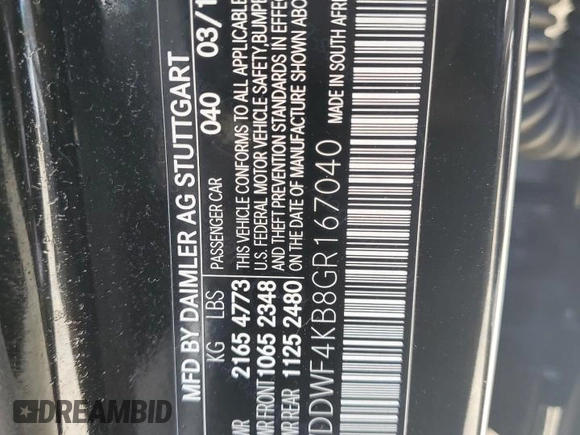 2016 Mercedes-Benz C 300 Luxury with VIN WDDWF4KB8GR167040, listed as a Copart auction lot 58181125 with 42,429 mi miles and Salvage title. Bid and sale history available at DreamBid. Image 12.
