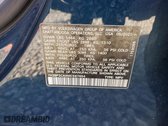 2021 Volkswagen Atlas SEL with VIN 1V2BP2CAXMC587654, listed as a Copart auction lot 49255785 with 117,106 mi miles and Salvage title. Bid and sale history available at DreamBid. Image 13.