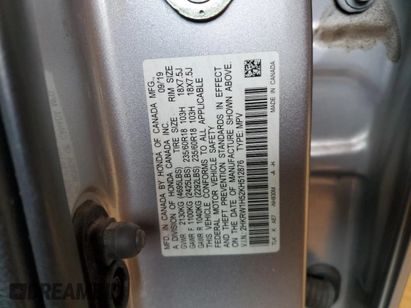 2019 Honda CR-V EX with VIN 2HKRW1H52KH512876, listed as a Copart auction lot 43337215 with 107,566 mi miles and Salvage Title. Bid and sale history available at DreamBid. Image 15.