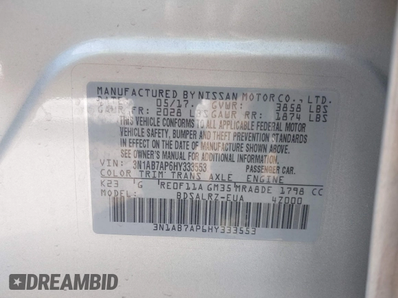 2017 Nissan Sentra S with VIN 3N1AB7AP6HY333553, listed as a IAAI auction lot 40118143 with 77,301 mi miles and . Bid and sale history available at DreamBid. Image 9.