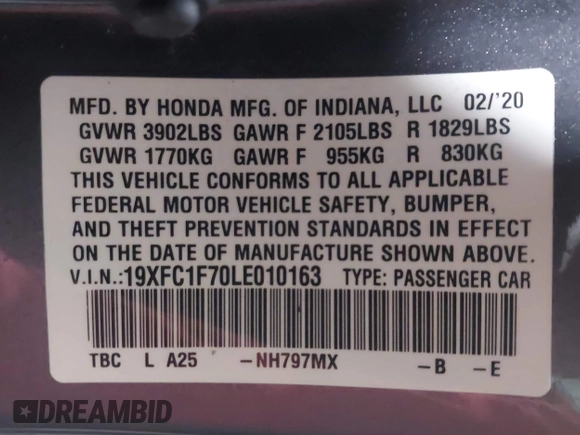 2020 Honda Civic EX-L with VIN 19XFC1F70LE010163, listed as a IAAI auction lot 41306532 with 88,767 mi miles and . Bid and sale history available at DreamBid. Image 9.