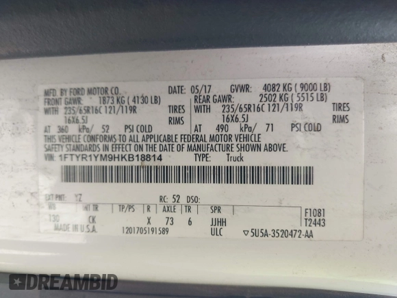 2017 Ford Transit с VIN 1FTYR1YM9HKB18814, выставлен на аукционе IAAI как лот 42540293 с пробегом 202 306 миль миль и . История ставок и продаж доступна на DreamBid. Изображение 9.