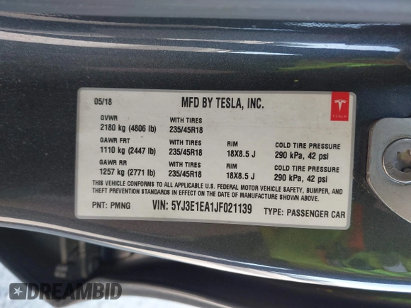 2018 Tesla Model 3 Long Range Battery with VIN 5YJ3E1EA1JF021139, listed as a IAAI auction lot 42116626 with 83,003 mi miles and . Bid and sale history available at DreamBid. Image 9.