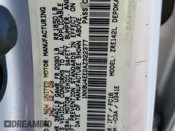 2010 Toyota Corolla with VIN 1NXBU4EE2AZ322377, listed as a Copart auction lot 55354965 with 171,666 mi miles and Salvage title. Bid and sale history available at DreamBid. Image 12.