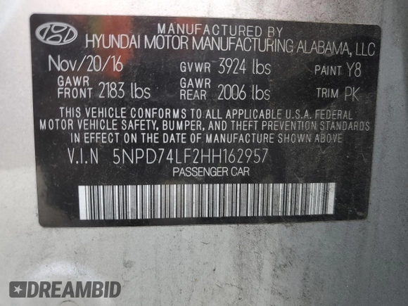 2017 Hyundai Elantra SE z VIN 5NPD74LF2HH162957, wystawiony jako Copart lot #59964165 z przebiegiem 117 667 mil mil oraz Szkoda całkowita • Salvage title. Historia ofert i sprzedaży dostępna na DreamBid. Obrazek 12.