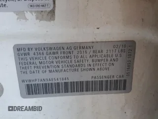 2010 Volkswagen CC Luxury с VIN WVWHP7AN9AE541845, выставлен на аукционе Copart как лот 56843825 с пробегом 133 080 миль миль и Списание • Salvage title. История ставок и продаж доступна на DreamBid. Изображение 12.