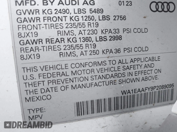 2023 Audi Q5 S line Premium Plus with VIN WA1EAAFY9P2089095, listed as a IAAI auction lot 42263035 with 10,279 mi miles and . Bid and sale history available at DreamBid. Image 9.