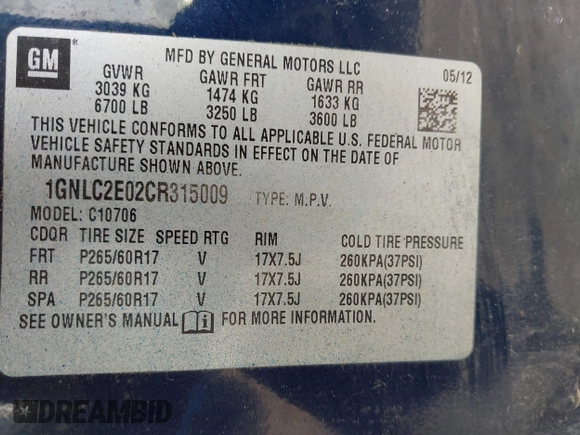 2012 Chevrolet Tahoe Commercial z VIN 1GNLC2E02CR315009, wystawiony jako IAAI lot #42525280 z przebiegiem 232 254 mil mil oraz . Historia ofert i sprzedaży dostępna na DreamBid. Obrazek 9.