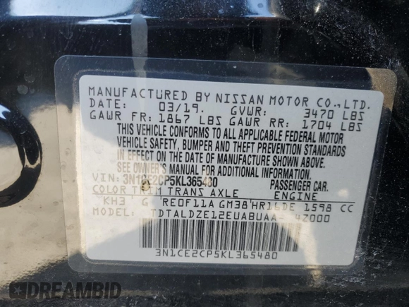 2019 Nissan Note SV с VIN 3N1CE2CP5KL365480, выставлен на аукционе Copart как лот 46500215 с пробегом 58 327 миль миль и Списание • Salvage title. История ставок и продаж доступна на DreamBid. Изображение 13.