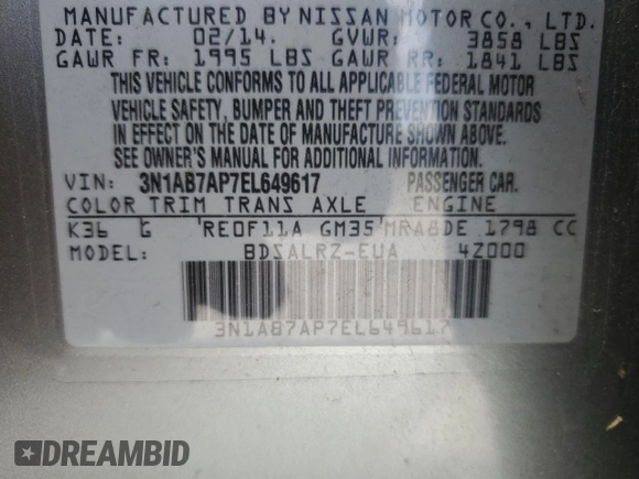 2014 Nissan Sentra SV with VIN 3N1AB7AP7EL649617, listed as a Copart auction lot 84926014 with 144,457 mi miles and Non repairable. Bid and sale history available at DreamBid. Image 12.