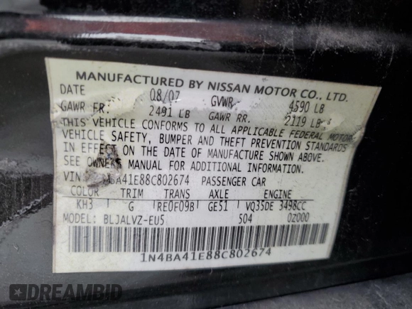 2008 Nissan Maxima 3.5 SE with VIN 1N4BA41E88C802674, listed as a Copart auction lot 47862425 with 153,442 mi miles and Salvage Title. Bid and sale history available at carsss.com. Image 12.