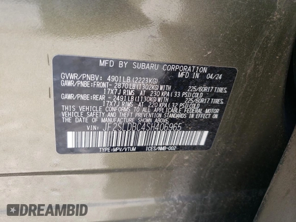 2025 Subaru Forester Premium с VIN JF2SLDBC4SH406965, выставлен на аукционе Copart как лот 53324995 с пробегом 8 341 миль миль и Списание • Salvage title. История ставок и продаж доступна на DreamBid. Изображение 16.
