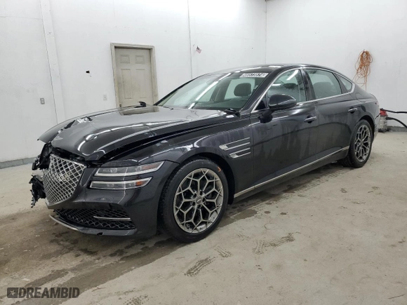 2021 Genesis G80 2.5T with VIN KMTGB4SC7MU047372, listed as a Copart auction lot 46573574 with 36,598 mi miles and Salvage Title. Bid and sale history available at carsss.com. Image 1.