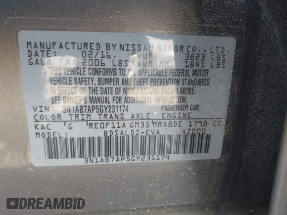 2016 Nissan Sentra SV with VIN 3N1AB7AP5GY231174, listed as a IAAI auction lot 42044575 with 107,193 mi miles and . Bid and sale history available at DreamBid. Image 9.