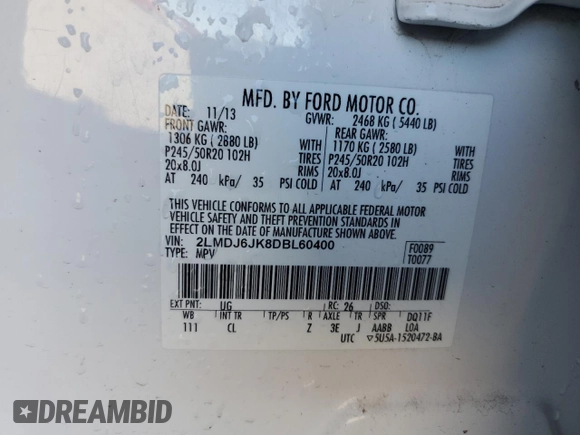 2013 Lincoln MKX with VIN 2LMDJ6JK8DBL60400, listed as a Copart auction lot 47014405 with 178,056 mi miles and Salvage Title. Bid and sale history available at carsss.com. Image 14.