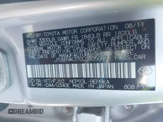 2012 Toyota Yaris with VIN JTDBT4K37CL010509, listed as a IAAI auction lot 41802030 with 178,632 mi miles and . Bid and sale history available at DreamBid. Image 9.