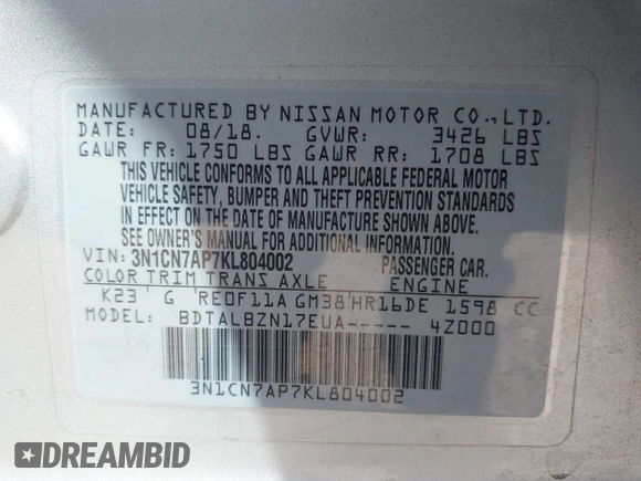 2019 Nissan Versa SV z VIN 3N1CN7AP7KL804002, wystawiony jako IAAI lot #42134636 z przebiegiem 75 107 mil mil oraz . Historia ofert i sprzedaży dostępna na DreamBid. Obrazek 9.