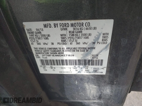 2013 Ford F-150 XL with VIN 1FTMF1EM6DKE71839, listed as a IAAI auction lot 41954013 with 188,919 mi miles. Bid and sale history available at carsss.com. Image 9.