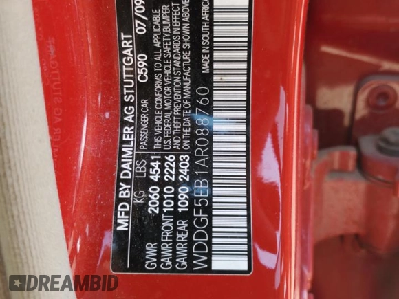 2010 Mercedes-Benz C 300 Sport with VIN WDDGF5EB1AR088760, listed as a Copart auction lot 52985115 with Not Provided miles and Salvage Title. Bid and sale history available at DreamBid. Image 14.