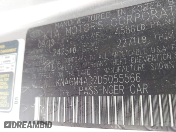 2013 Kia Optima EX with VIN KNAGM4AD2D5055566, listed as a IAAI auction lot 42057700 with 86,995 mi miles and . Bid and sale history available at carsss.com. Image 9.