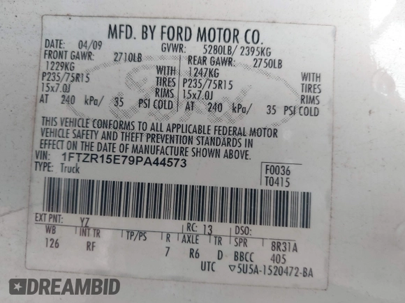 2009 Ford Ranger XL with VIN 1FTZR15E79PA44573, listed as a IAAI auction lot 41997025 with 45,141 mi miles. Bid and sale history available at carsss.com. Image 9.