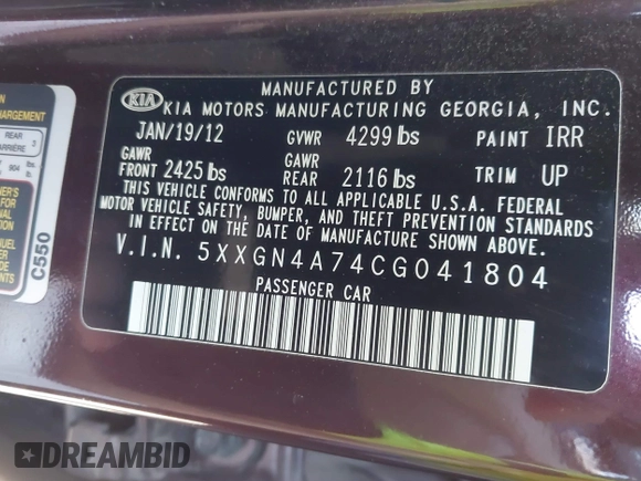 2012 Kia Optima EX with VIN 5XXGN4A74CG041804, listed as a IAAI auction lot 41152387 with 167,738 mi miles. Bid and sale history available at carsss.com. Image 9.