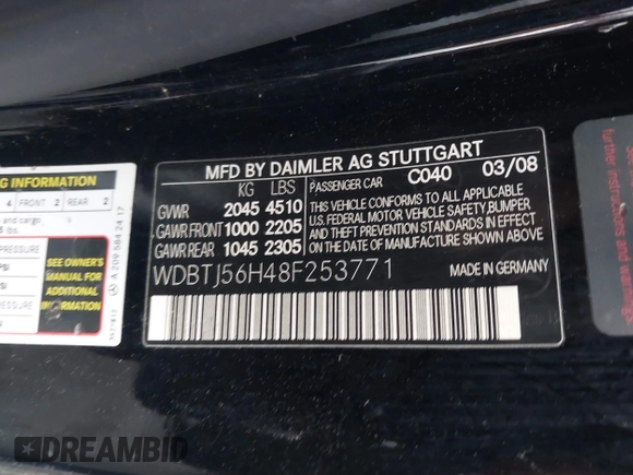 2008 Mercedes-Benz CLK 350 with VIN WDBTJ56H48F253771, listed as a IAAI auction lot 40959527 with 62,624 mi miles and . Bid and sale history available at carsss.com. Image 9.