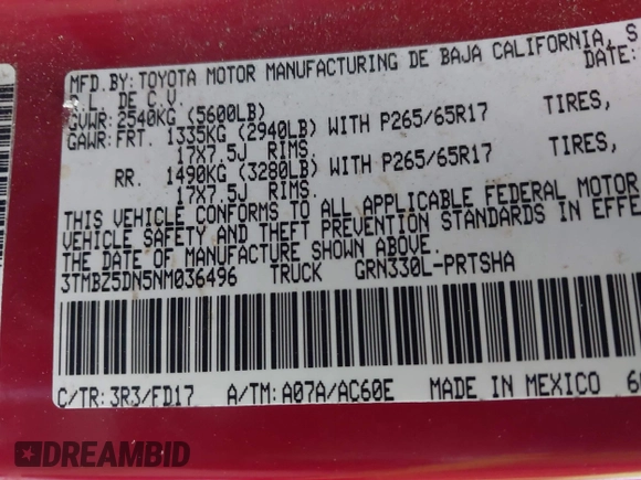 2022 Toyota Tacoma SR5 с VIN 3TMBZ5DN5NM036496, выставлен на аукционе IAAI как лот 42489009 с пробегом 62 001 миль миль и . История ставок и продаж доступна на DreamBid. Изображение 9.