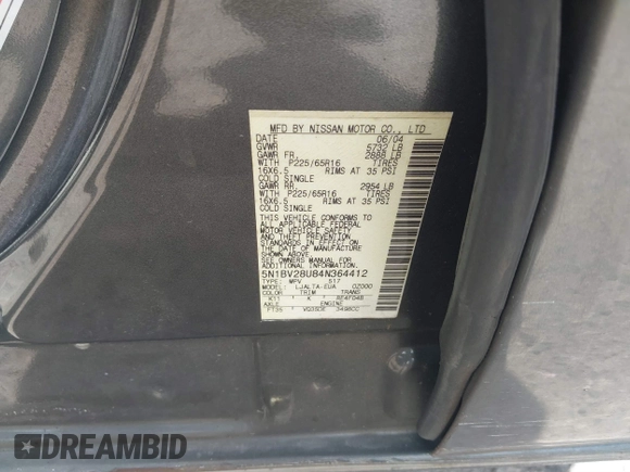 2004 Nissan Quest S z VIN 5N1BV28U84N364412, wystawiony jako IAAI lot #41519557 z przebiegiem 146 810 mil mil oraz . Historia ofert i sprzedaży dostępna na DreamBid. Obrazek 9.