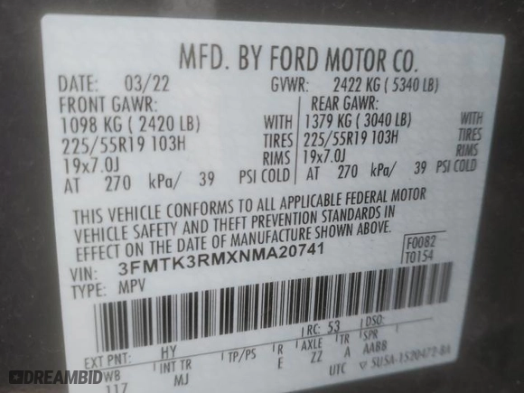 2022 Ford Mustang Mach-E Premium with VIN 3FMTK3RMXNMA20741, listed as a Copart auction lot 85424934 with NaN miles and Salvage Title. Bid and sale history available at carsss.com. Image 13.