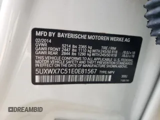 2014 BMW X3 xDrive35i with VIN 5UXWX7C51E0E81567, listed as a Copart auction lot 55821815 with 68,881 mi miles and Clean Title. Bid and sale history available at DreamBid. Image 13.